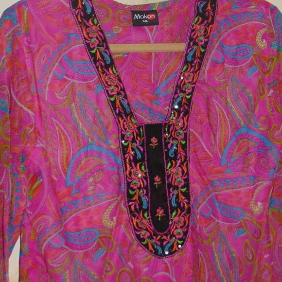 Makon Chic Luxury Resort Embroidered Caftan Tunic Blouse Fuchsia PINK SZ XXL - Picture 4 of 8